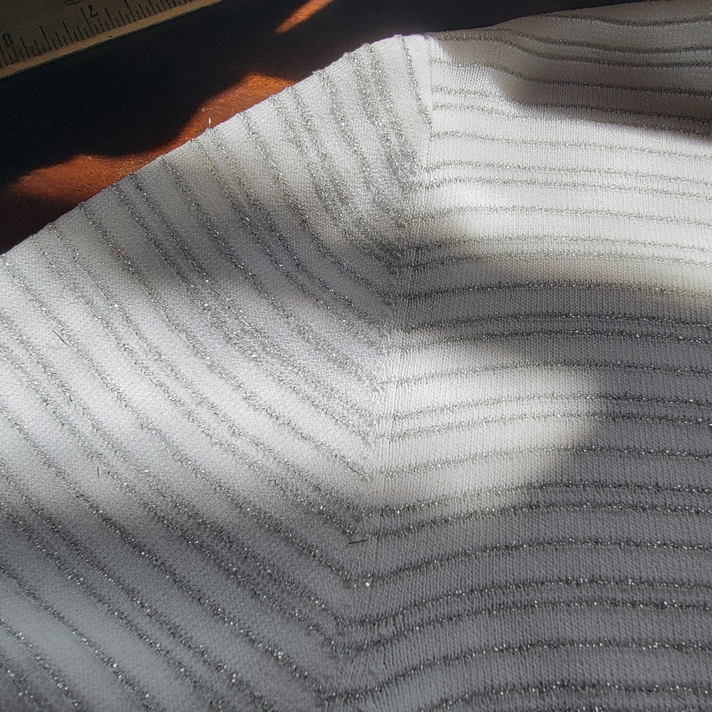 Silver- Striped White V-Neck Sweater